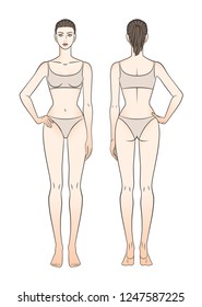 Tall girl in underwear front and back view. The arm is bent and lies on the belt. Model to measure the shape.