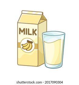 Tall glass of banana milk and milk carton box clipart. Cute simple flat vector illustration design. Banana fruit flavor yogurt dairy drink print, sticker, infographic element etc.