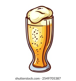 Tall glass of beer with foam and bubbles line icon. Outline hand drawn vintage cup of pub full of cold beer with froth, element of Oktoberfest festival. Bar menu mascot, color icon vector illustration