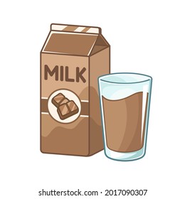 Tall glass of chocolate milk and milk carton box clipart. Cute simple flat vector illustration design. Chocolate flavor yogurt dairy drink print, sticker, infographic element etc.
