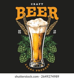 A tall glass of craft beer stands prominently showcasing its golden hue and frothy top. Surrounding elements include hops and barley emphasizing local brewing traditions.