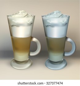tall glass cup of cappuccino with whipped cream made layers, isolated illustrations, vector latte