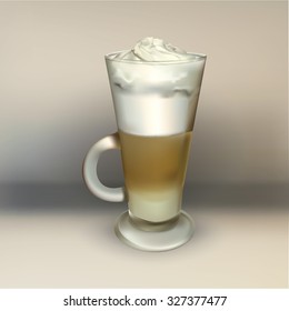 tall glass cup of cappuccino with whipped cream made layers, isolated illustrations, vector latte