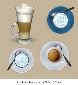 tall glass cup of cappuccino with whipped cream made layers, isolated illustrations, vector latte