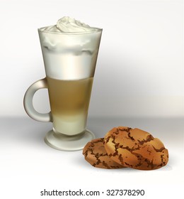 tall glass cup of cappuccino with whipped cream made layers, isolated illustrations, vector latte, cakes and pastries
