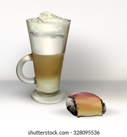 tall glass cup of cappuccino with whipped cream made layers, isolated illustrations, vector latte, roll with poppy seed bun baked sweet vector