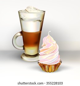 tall glass cup of cappuccino with whipped cream made layers, isolated illustrations, vector latte, cakes and pastries