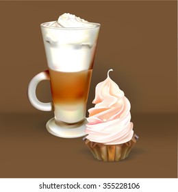 tall glass cup of cappuccino with whipped cream made layers, isolated illustrations, vector latte, cakes and pastries