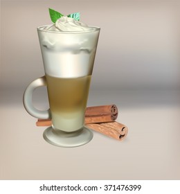 tall glass cup of cappuccino with whipped cream made layers, isolated illustrations, vector latte cinnamon stick