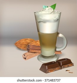 tall glass cup of cappuccino with whipped cream made layers, isolated illustrations, vector latte cinnamon stick  chocolate tiles