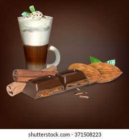 tall glass cup of cappuccino with whipped cream made layers, isolated illustrations, vector latte cinnamon stick  chocolate tiles