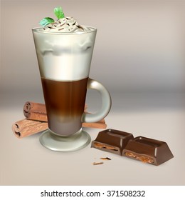 tall glass cup of cappuccino with whipped cream made layers, isolated illustrations, vector latte cinnamon stick  chocolate tiles