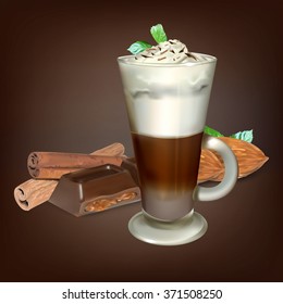 tall glass cup of cappuccino with whipped cream made layers, isolated illustrations, vector latte cinnamon stick  chocolate tiles