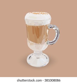 tall glass cup of cappuccino with whipped cream made layers, isolated illustrations, vector latte