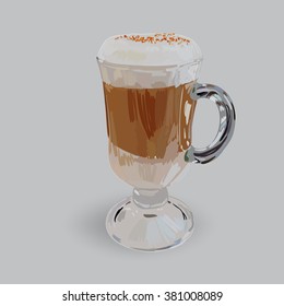 tall glass cup of cappuccino with whipped cream made layers, isolated illustrations, vector latte