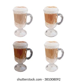 tall glass cup of cappuccino with whipped cream made layers, isolated illustrations, vector latte