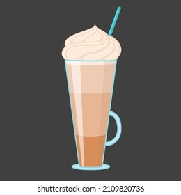 Tall glass cup with coffee and a cap of cream. Vector illustration isolated on dark background