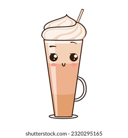 Tall glass cup with coffee and a cap of cream. Happy kawaii character. Vector illustration