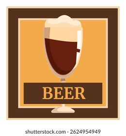 Tall glass of dark beer with a head of foam, set against a vintage brown sign, evokes a sense of classic refreshment