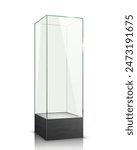 tall glass display case on dark pedestal isolated on white background. Vector illustration