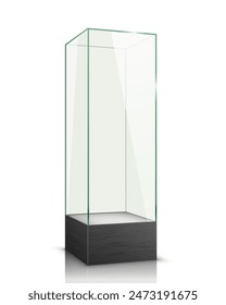 tall glass display case on dark pedestal isolated on white background. Vector illustration