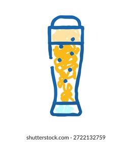 Vaso alto con una cerveza refrescante con una cabeza espumosa y burbujas azules, presentando un icono de estilo doodle que representa bebidas, celebración y cultura de bar