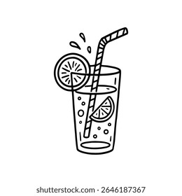 A tall glass filled with a clear drink, lemon slices, and bubbles. A straw and a lemon slice garnish complete the hand drawn doodle design