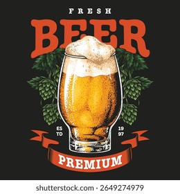 A tall glass filled with golden beer topped with a thick foam sits on a dark background adorned with hops. This representation of freshness and quality invites enjoyment.