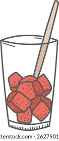 A tall glass filled with ice cubes and a straw in a clean line style. The drink container holds several ice blocks and a stirring stick. Cartoon vector illustration.