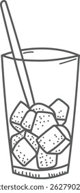 A tall glass filled with ice cubes and a straw in a minimalist line art style. The illustration depicts a beverage container with geometric ice shapes and a sipping straw. Cartoon vector illustration.
