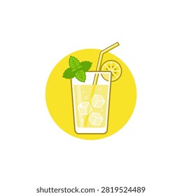 A tall glass filled with ice cubes and a refreshing lemonade drink, garnished with fresh mint leaves and a lemon slice, served with a straw.