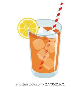 A tall glass filled with iced tea, complete with ice cubes, a lemon slice, and a striped straw.