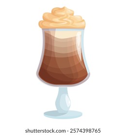 Tall glass filled with layers of coffee and cream, topped with a swirl of whipped cream