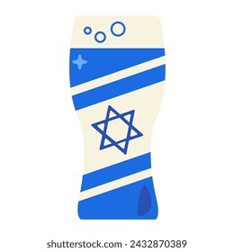 Tall glass filled with light beer, carbonated drink. Festive solid milk element, attribute of Jewish holiday. Cartoon flat vector icon in national colors of Israel flag isolated on white background