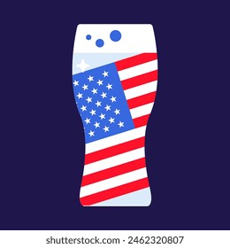 Tall glass filled with light beer, carbonated drink. Festive element, attributes of July 4th USA Independence Day. Flat vector icon in national colors of US flag on dark blue background