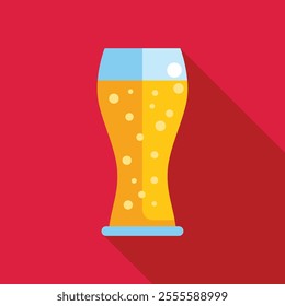 Tall glass with foamy beer, full of bubbles, standing on a red background