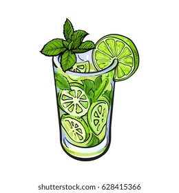 Tall glass full of freshly squeezed cold lime juice with ice and straw, sketch style vector illustration on white background. Alcoholic cocktail with lime