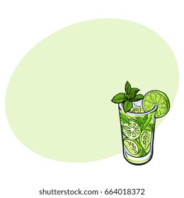 Tall glass full of freshly squeezed cold lime juice with ice and straw, sketch style vector illustration with space for text. Alcoholic cocktail with lime