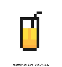 Tall glass of juice with drinking straw icon in pixel art design isolated on white background, vector sign symbol