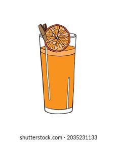 Ein großes Glas mit Saft und einer Scheibe Orange. Vektorgrafik eines frisch gepressten Zitrusgetränks im Stil eines Doodles.