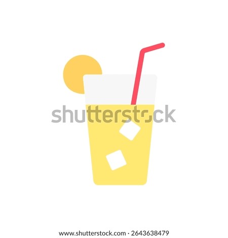 A tall glass of lemonade with ice cubes, straw, and lemon slice. Suitable for summer drink menus, refreshment graphics, or hot weather themes.