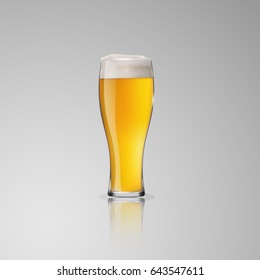 A tall glass with a light beer on a light background. A refreshing drink. Golden beer with foam in a glass.