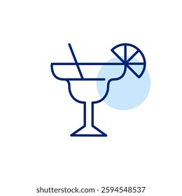 Tall glass for margarita or other spirit cocktails, straw and slice of lemon. Bar alcoholic drinks menu. Pixel perfect, editable stroke vector icon