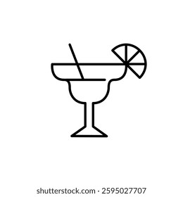 Tall glass for margarita or other spirit cocktails, straw and slice of lemon. Bar alcoholic drinks menu. Pixel perfect, editable stroke vector icon