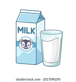 Tall Glass Of Milk And Milk Carton Box Clipart. Cute Simple Flat Vector Illustration Design. Vanilla Flavor Yogurt Dairy Drink Print, Sticker, Infographic Element Etc.