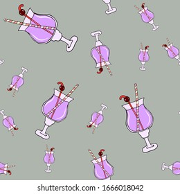 Grosser Milchshake aus Glas mit Blasen und Stroh. Kirschcocktail-Symbol. Handgezeichnete Cartoon-Illustration. Nahtlose Vektorillustration im Doodle-Stil auf weißem Hintergrund.