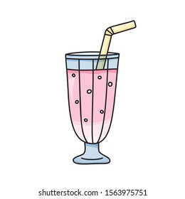 Tall glass milkshake with bubbles and yellow tube. Strawberry cocktail icon. Hand drawn cartoon illustration. Isolated vector sign in doodle style on white background
