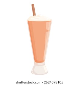 Tall glass of milkshake with whipped cream and straw is standing on white background