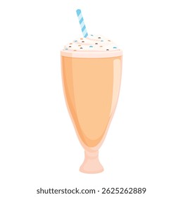 Tall glass of milkshake with whipped cream and blue striped straw is standing on white background