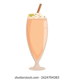 Tall glass of peach milkshake is topped with whipped cream and a cinnamon stick